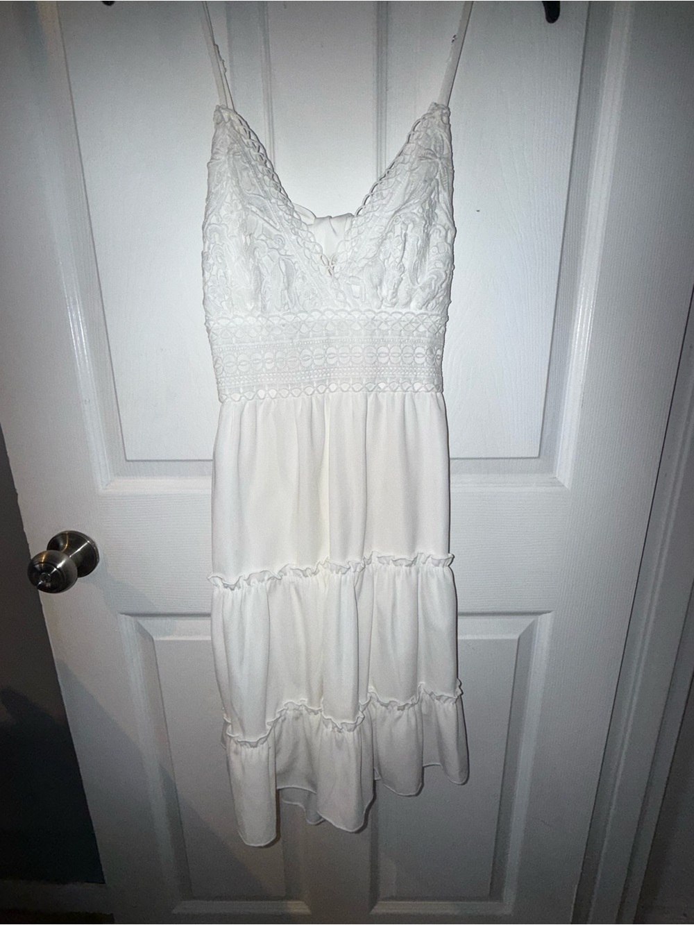 White Lace Tiered Midi Dress with Spaghetti Straps and Crochet Waist